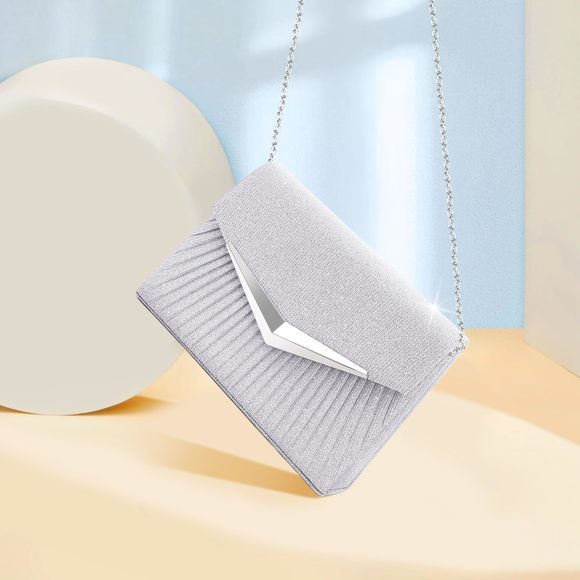 Evening Handbags, Sparkly Pleated Silver Evening Purse With Metal :< - Picture 2 of 7